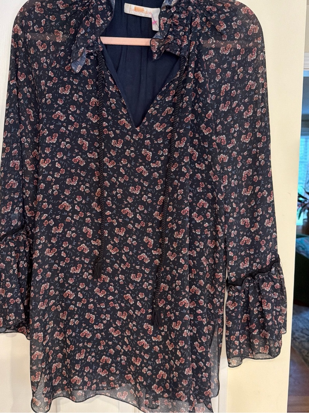 See by Chloe Floral Tie-Neck Chiffon Blouse - Navy with Pink Floral